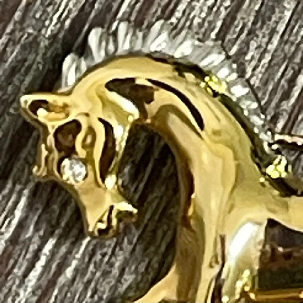 Horse Brooch Pin Equestrian Galloping Faux Diamond Embellished Gold Silver Toned